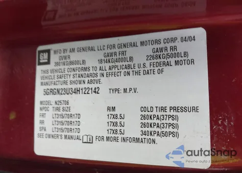 2004 Hummer H2 from USA, damaged, VIN 5GRGN23U34H122142